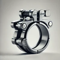 DALL·E 2025-02-05 20.48.25 - A double clamp with a fastener for joining two tubes, one measuring 43mm and the other 38mm. The clamp is made of sturdy metal with a secure locking m